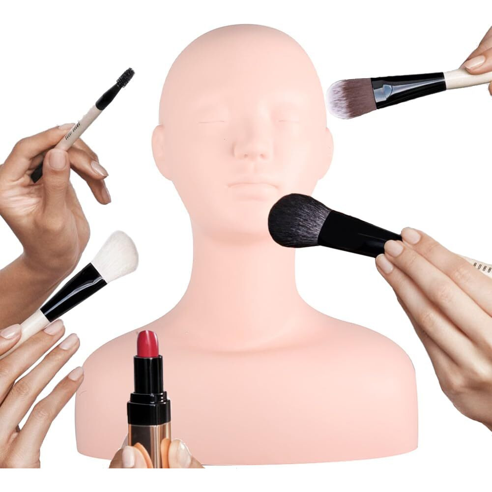Lwuey Multi Function Makeup Practice Model, Esthetics Soft Mannequin Head With Shoulders Massage Wig Hat Display Silicone Pvc Skin Texture Facial Practicing For Salons Cosmetology School Students