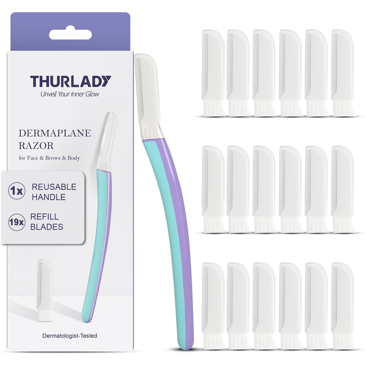 Thurlady Dermaplane Razor For Women Face, Reusable Handle With 19 Microblades, Face Razors For Women, Dermaplaning Tool, Eyebrow Razor, Peach Fuzz Remover, For Facial Hair Removal (Wisteria)