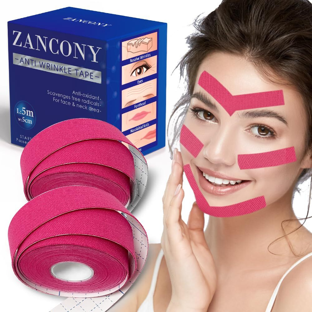 Zancony Face Tape For Wrinkles Facial Myofascial Lift Patches For All Parts Of The Face And Neck, Forehead 11 Lines Nasolabial Folds Crow's Feet Necklines Etc, 2.5 Cm* 2 Rolls - Pink