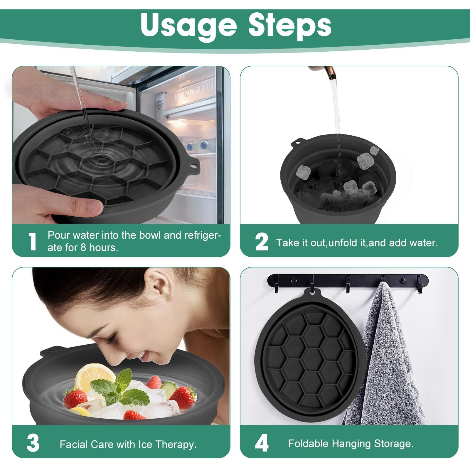 Face Bowl For Ice Silicone Facial Bowls With Built - In Tray Foldable Washbasin For Face Tub Plunge & Cold Plunge Quick Skin Cooling In Ice Baths -Bath Spa Tool For Home Camping Travel & Black