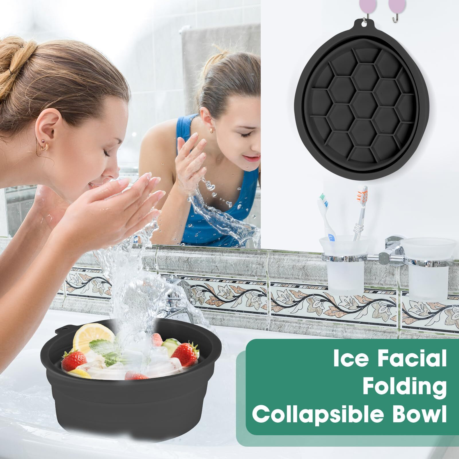 Face Bowl For Ice Silicone Facial Bowls With Built - In Tray Foldable Washbasin For Face Tub Plunge & Cold Plunge Quick Skin Cooling In Ice Baths -Bath Spa Tool For Home Camping Travel & Black