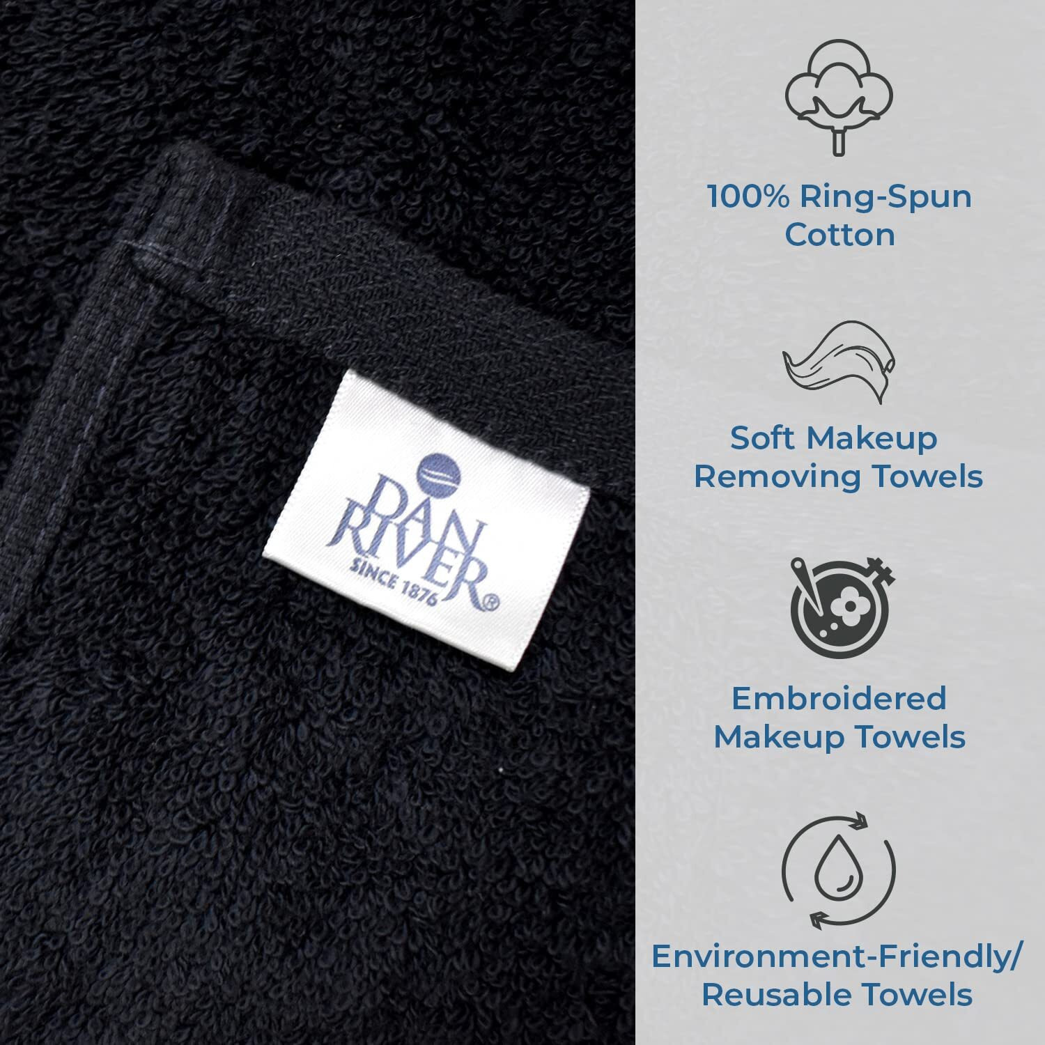 Dan River Makeup Towel 100% Spun Cotton - (Pack Of 6) Luxuriously Soft Reusable Makeup Remover Cloth, Facial Cleansing Cloth, Of 6 13X13 Inch, Black Towels - Makeup