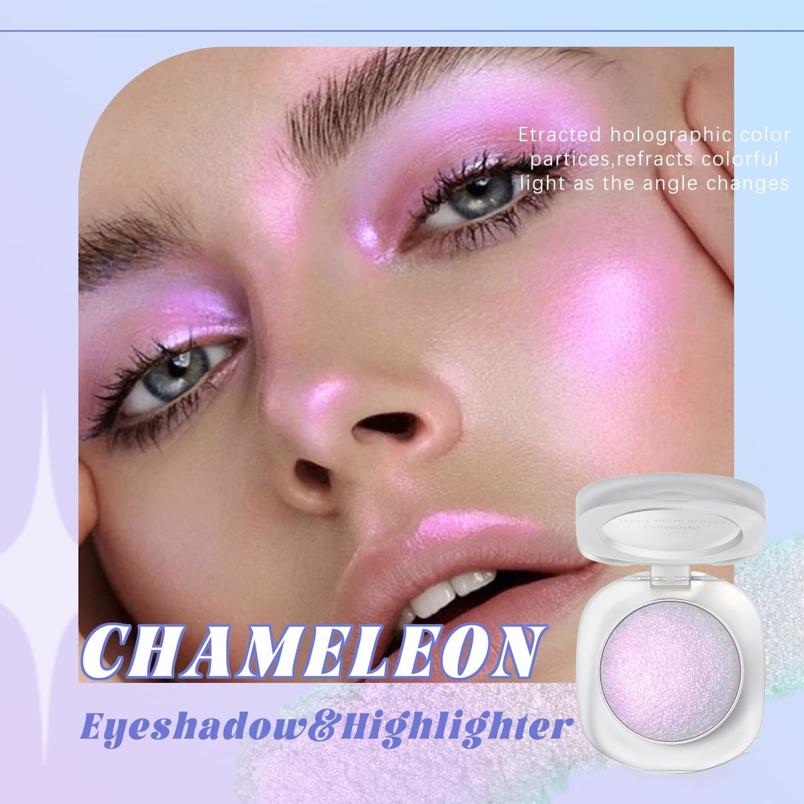 Hosaily Holographic Chameleon Eyeshadow&Highlighter Palette, Color Shift Glitter Iridescent Cream Highlighter, Smooth Long Lasting Sparkling Eye Shadow Pink Mermaid Facial Illuminator Makeup02