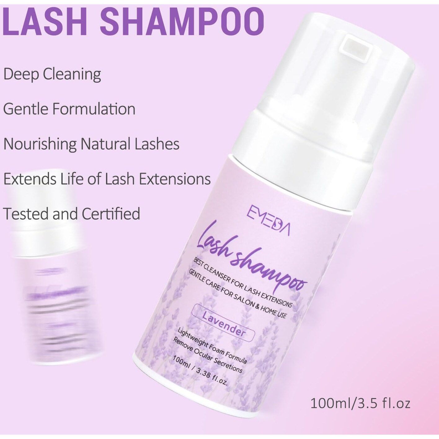 Emeda Lash Shampoo Kit - 3.38 Fl.Oz / 100Ml Gentle Foam Lash Cleanser, Oil-Free Cleaning For Wash Extension/Natural Eyelash Bath With Rinse Bottle Brush (Lavender)