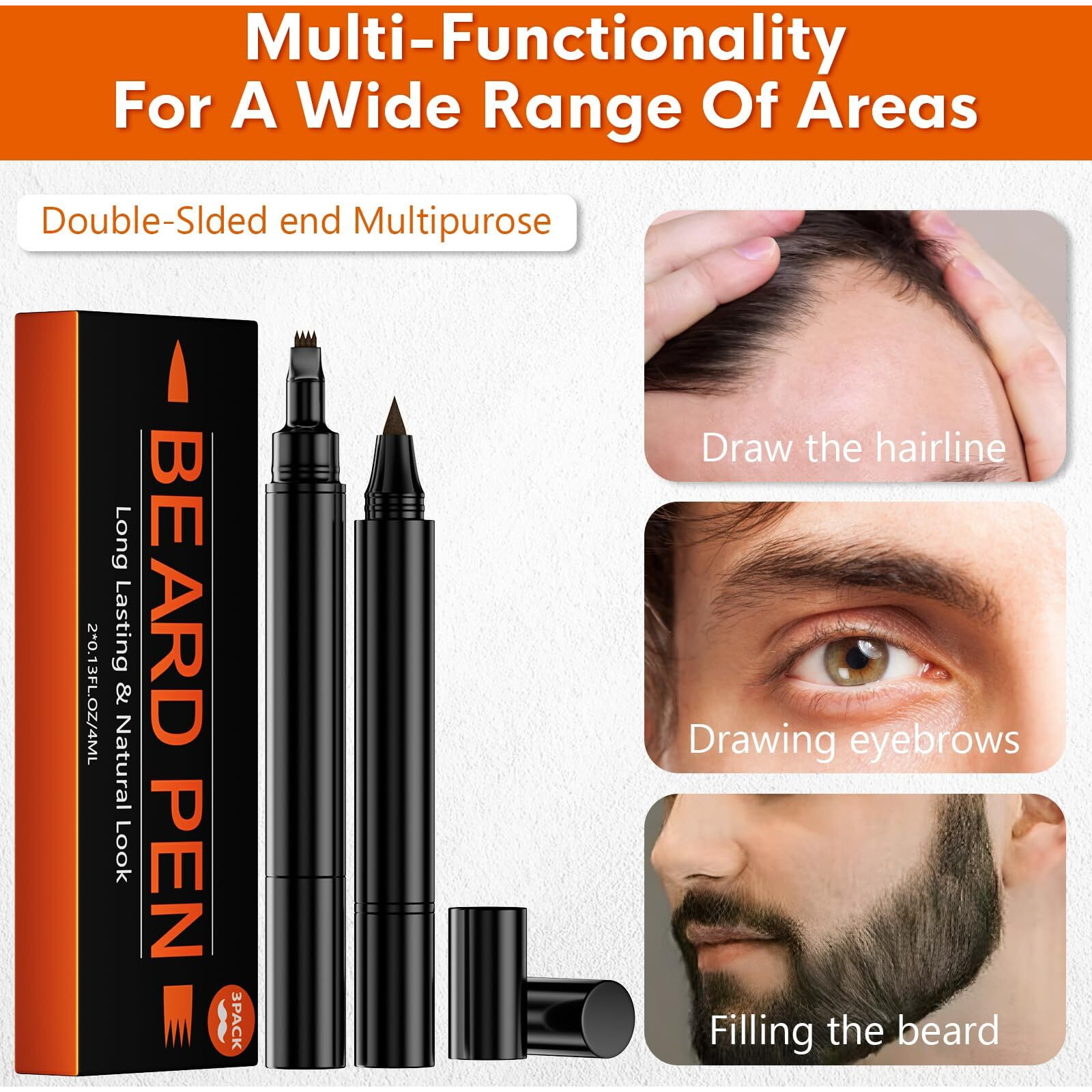 3-Pack Beard Pen Filler For Men, Waterproof & Sweat Proof Long-Lasting Beard Pen Kit With 2 Fillers & 1 Double-Headed Brush - Effectively Enhances Facial Hair (Brown)