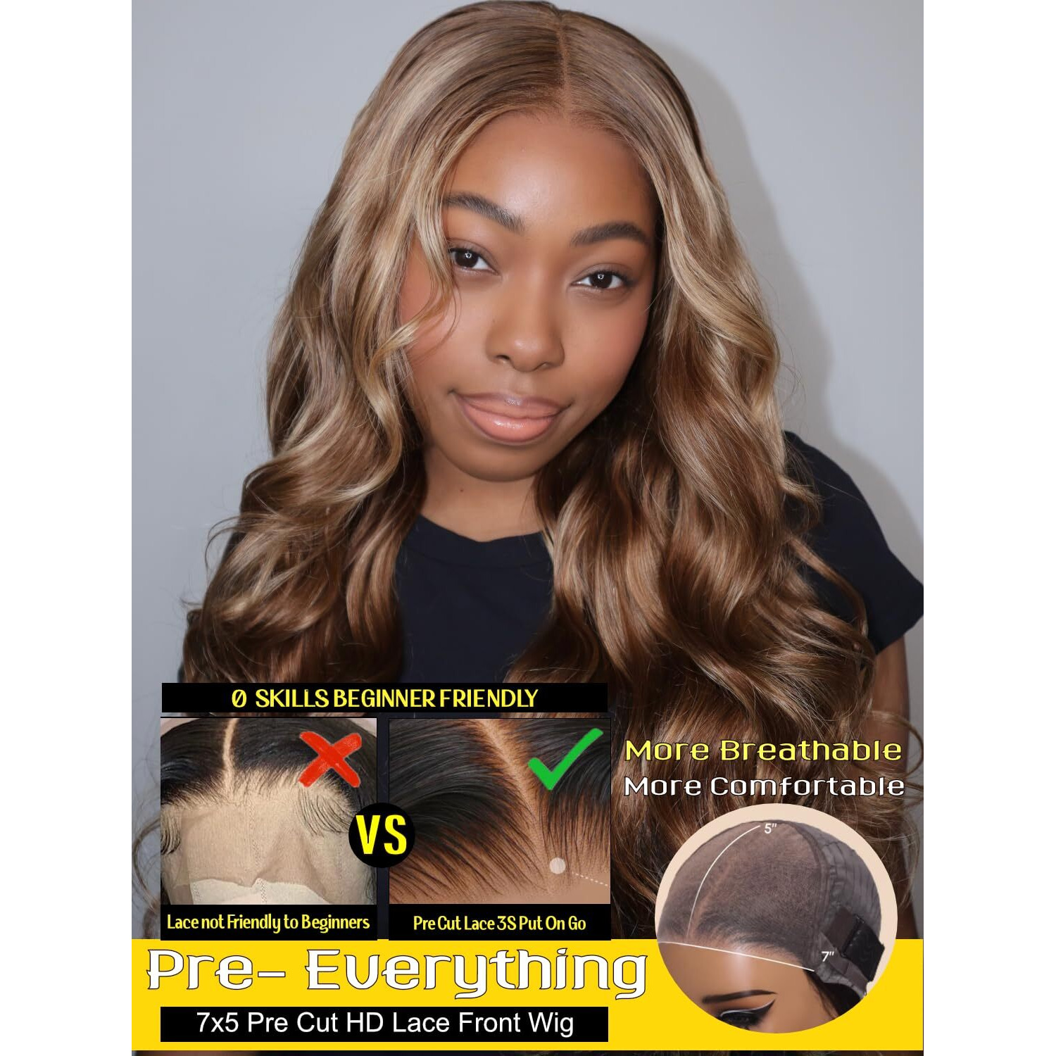 Sunber Bye Bye Knots Glueless Wig Body Wave 7X5 Lace Front Wigs Invisible Knots Lace Front Wigs Human Hair Honey Blonde Highlight Pre Everything Wig Pre Plucked Pre Cut Highlight Piano Blonde 22Inch