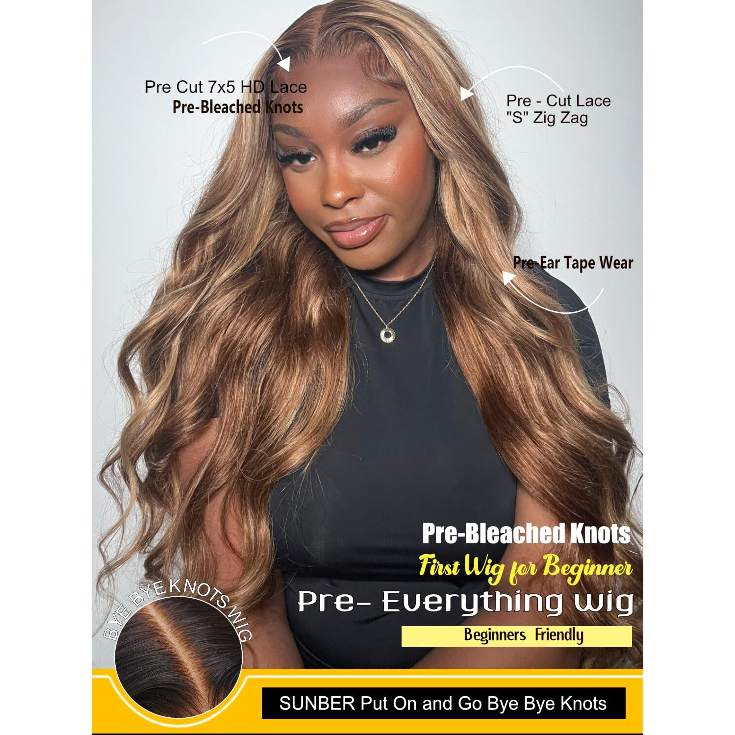 Sunber Bye Bye Knots Glueless Wig Body Wave 7X5 Lace Front Wigs Invisible Knots Lace Front Wigs Human Hair Honey Blonde Highlight Pre Everything Wig Pre Plucked Pre Cut Highlight Piano Blonde 22Inch