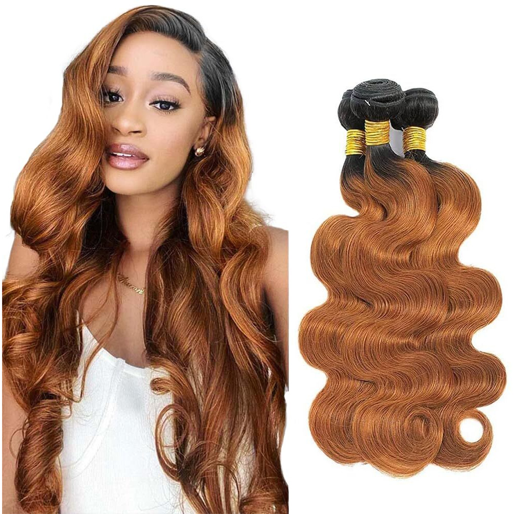 Niciitysi Color 1B30 Human Hair Body Wave Bundles 18 20 22 Inch Ombre Two Tone Black And Brown Bundles Double Weft Brazilian Light Brown Hair Extensions Soft And Silky For Women
