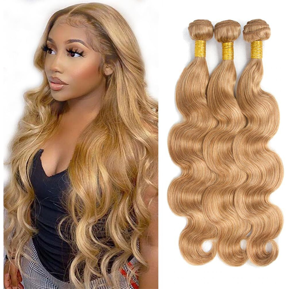 16 18 20 Inch Blonde Bundles Color 27 Human Hair Honey Blonde Body Wave Human Hair Weave No Tangle Hair Extensions Brazilian Unprocessed Virgin Hair