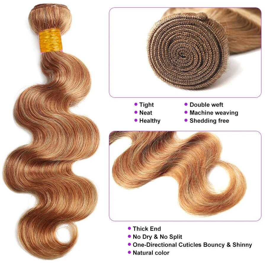 4Hw P2730 Bb Hair Extensions 34 Inch Brown Body Wave Bundles Honey Blonde Bundles P27/30 Bundles Human Hair 8A Unprocessed Brazilian Virgin Hair 1 Bundle