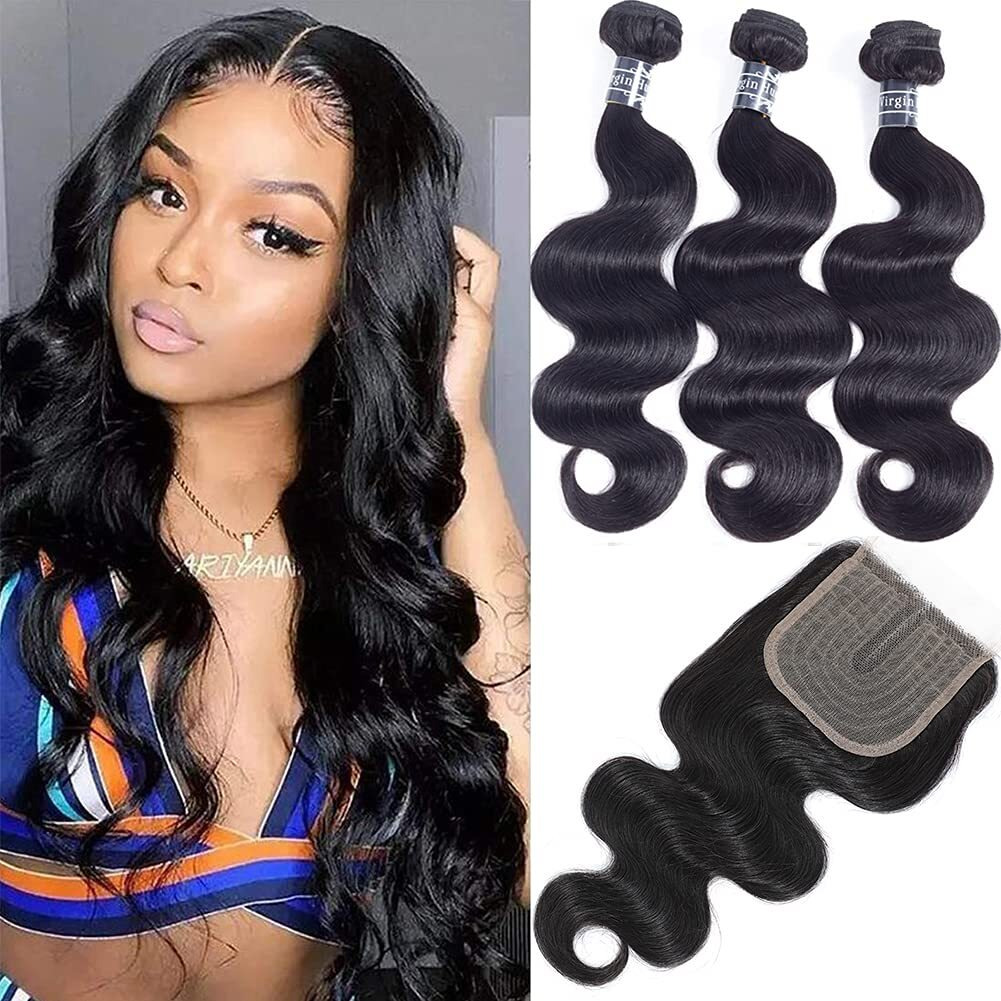 Amella Hair Brazilian Virgin Remy Body Wave Bundles With T Part Closure 4X0.75 Middle Part(18 20 22+16) 8A Body Wave Human Hair 3 Bundles With Closure T-Part Lace Closure Human Hair For Black Women