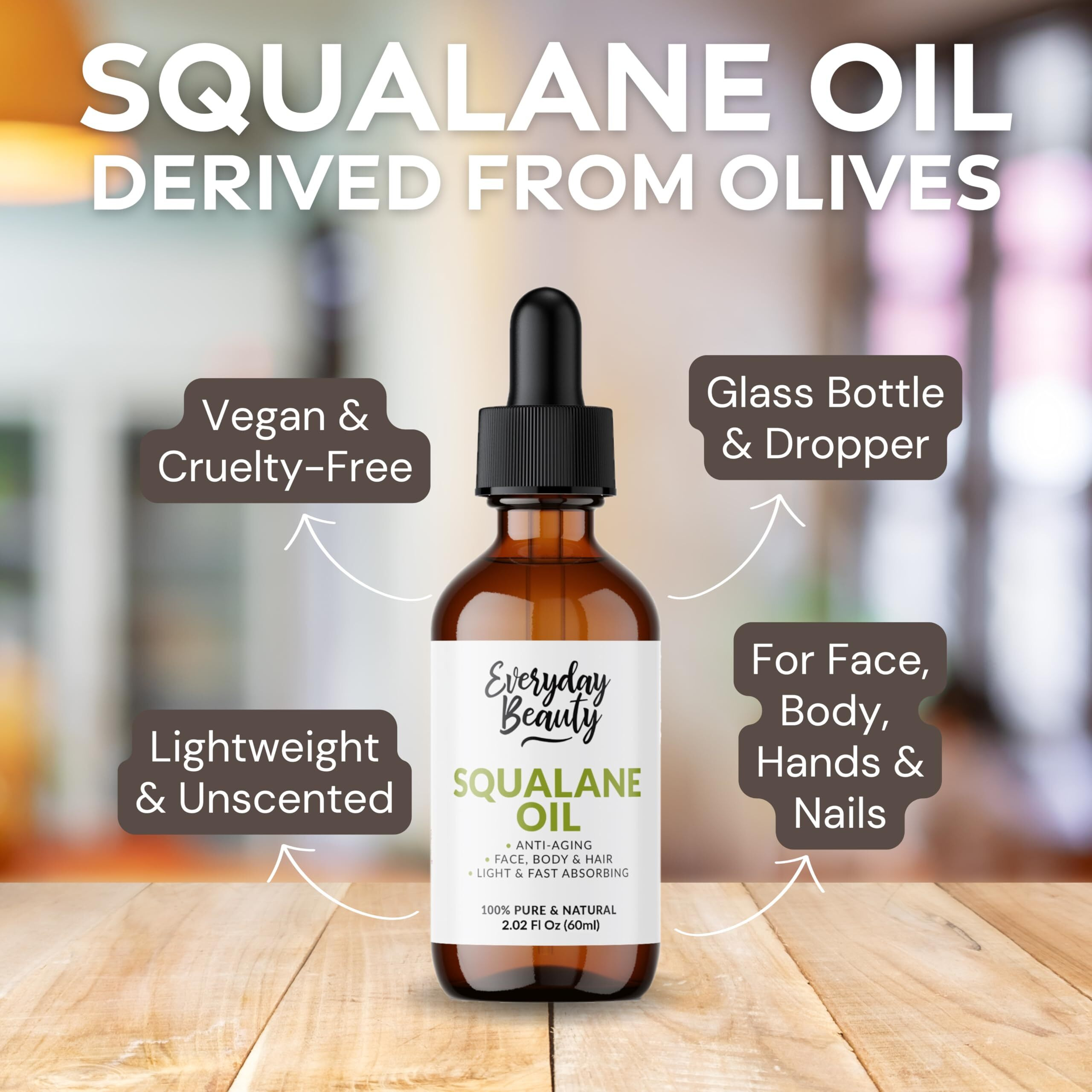 Squalane Oil - 100% Pure & Natural Plant Derived Facial Oil 2.02 Fl Oz Glass Bottle & Dropper - Cold Pressed And Unrefined Premium Grade Multipurpose Moisturizing Oil For Skin And Hair