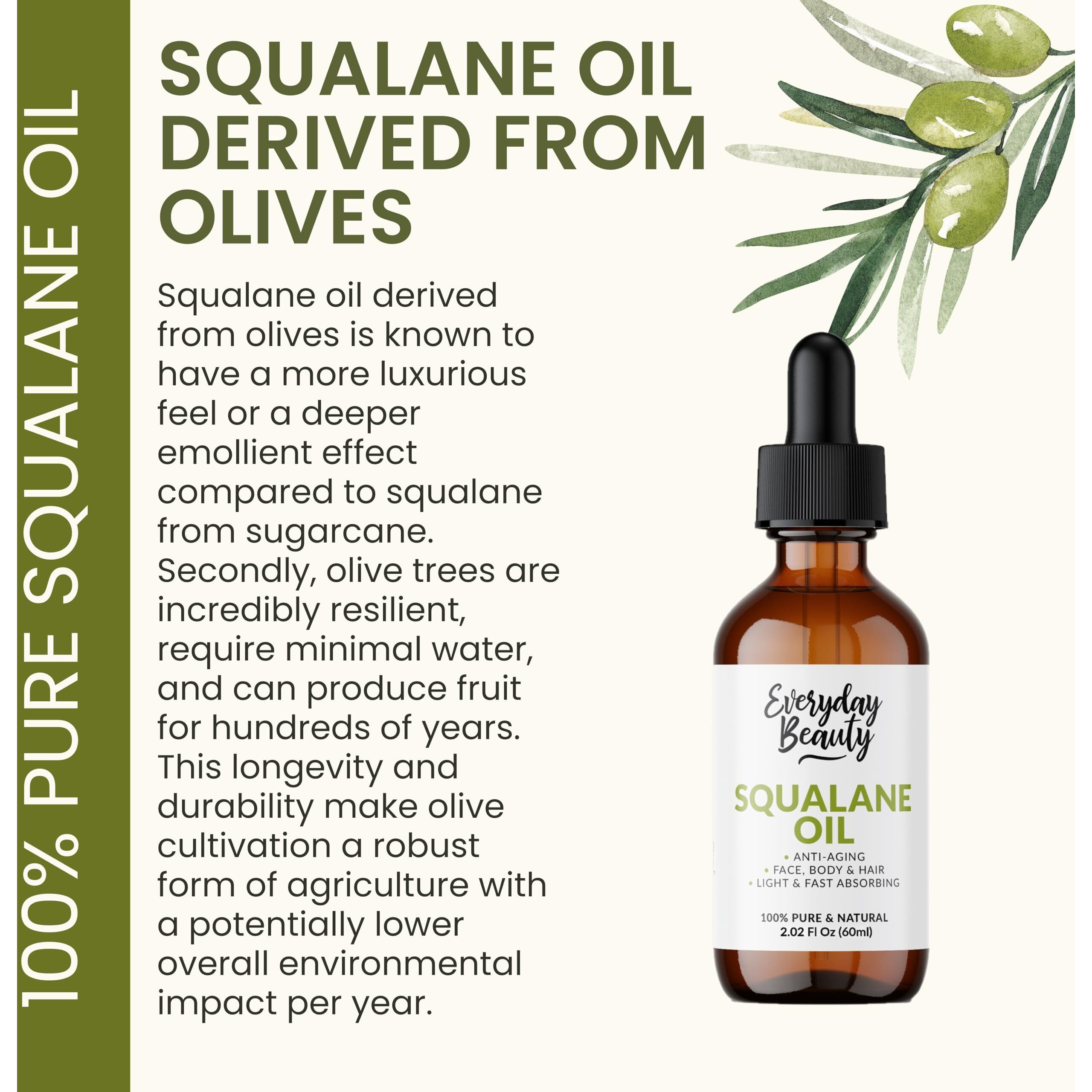 Squalane Oil - 100% Pure & Natural Plant Derived Facial Oil 2.02 Fl Oz Glass Bottle & Dropper - Cold Pressed And Unrefined Premium Grade Multipurpose Moisturizing Oil For Skin And Hair