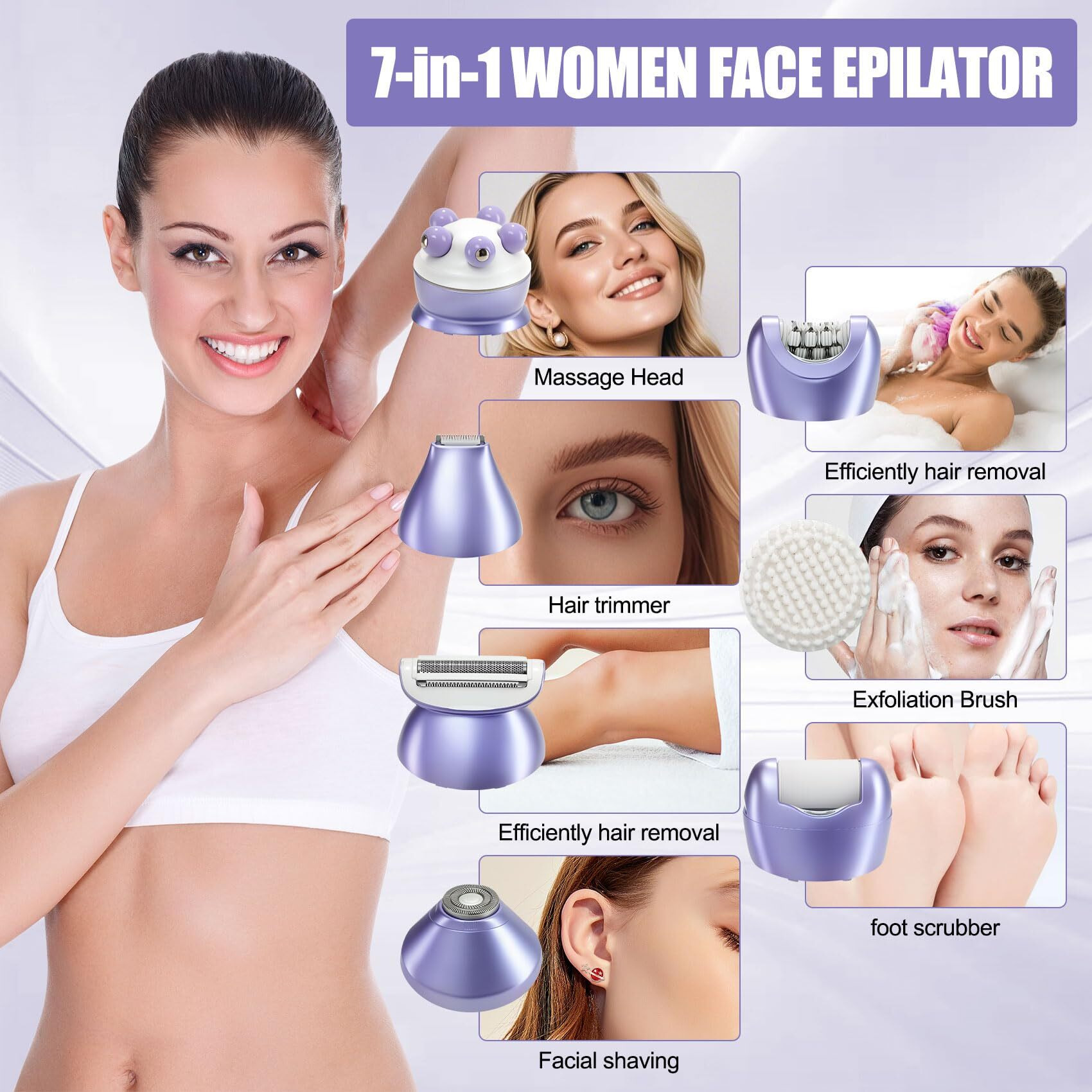 3.0 Women Face Epilator, 7-In-1 Rechargeable Facial Hair Remover With Led Battery Display, Facial Shaver For Face, Eyebrow, Nose Trimmer
