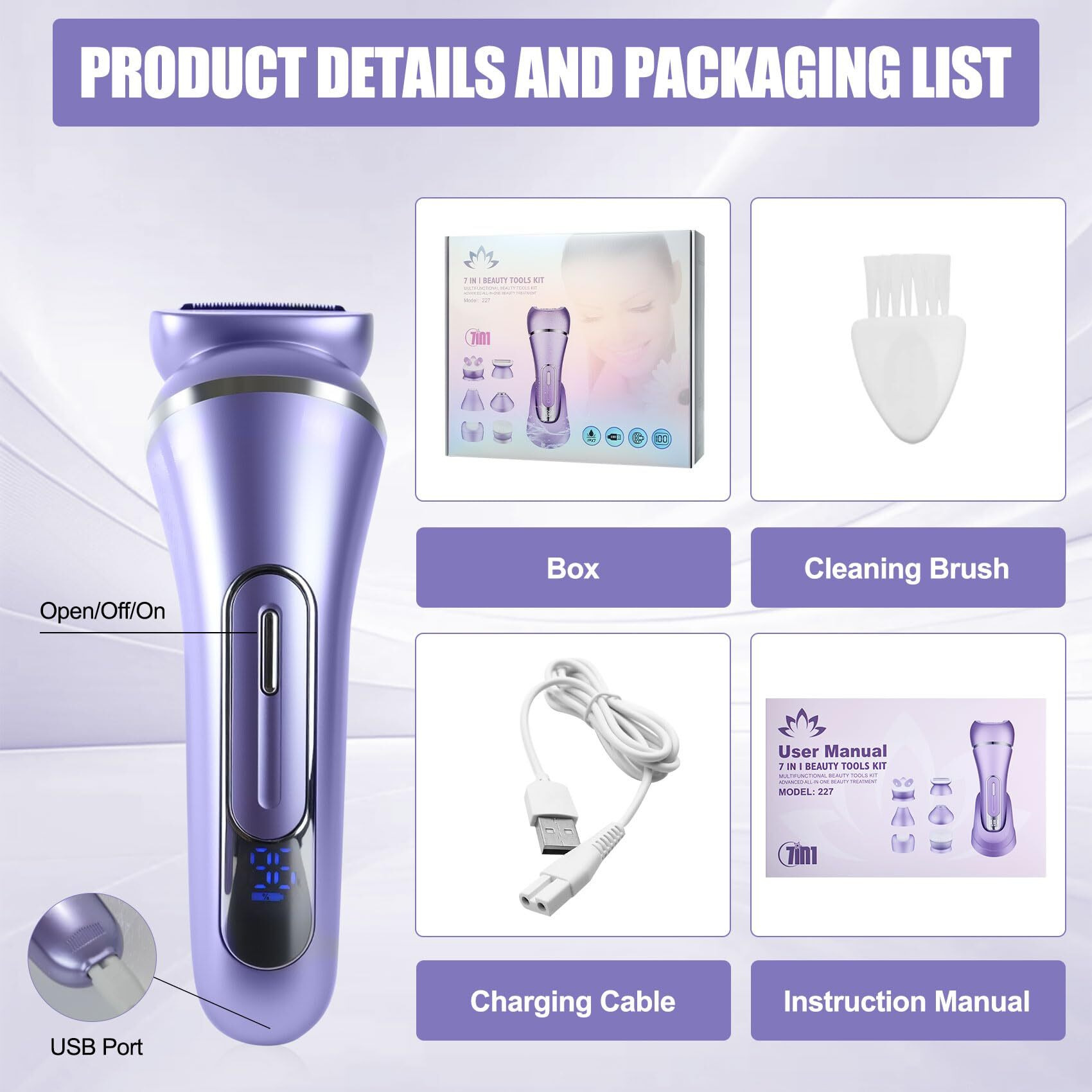 3.0 Women Face Epilator, 7-In-1 Rechargeable Facial Hair Remover With Led Battery Display, Facial Shaver For Face, Eyebrow, Nose Trimmer