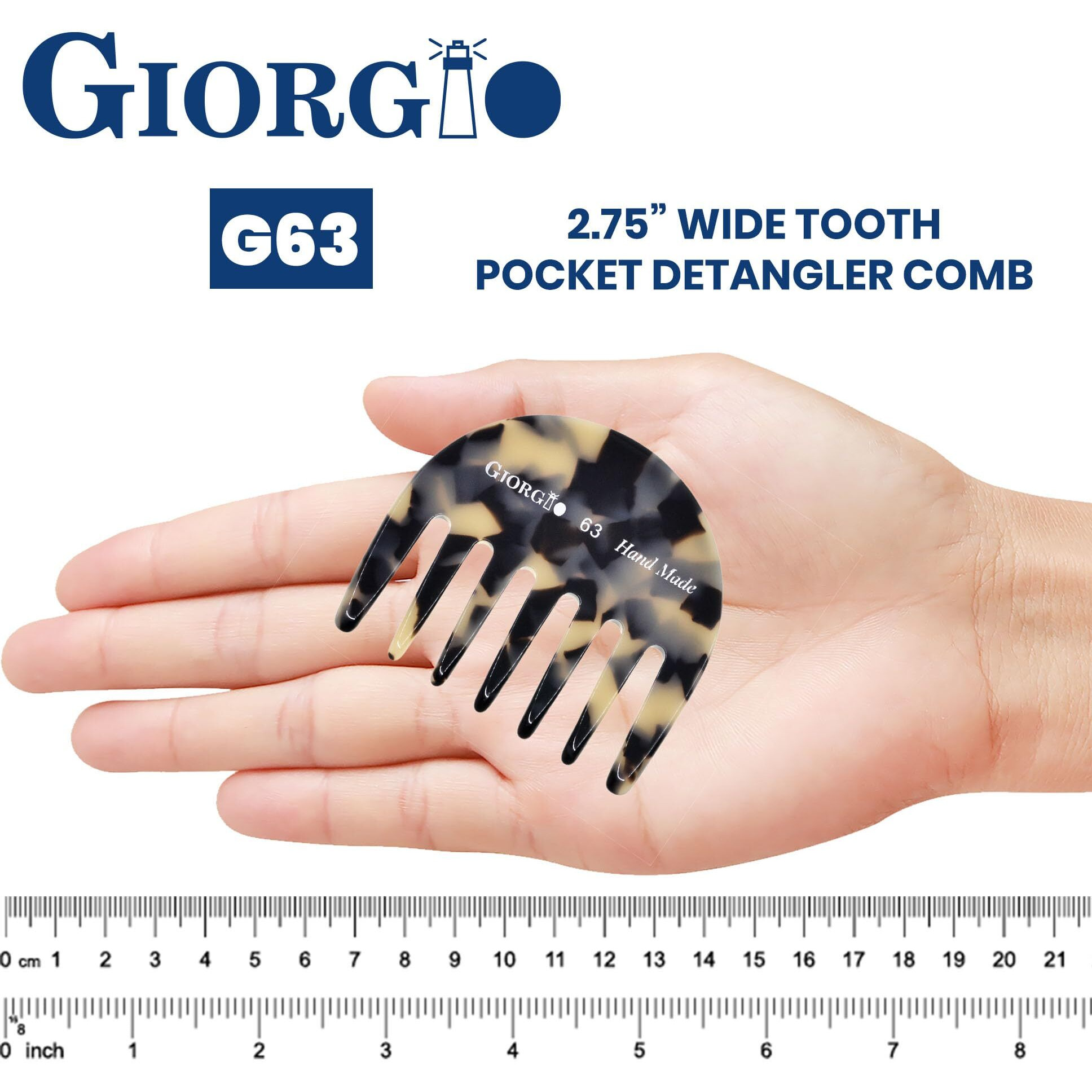 Giorgio G63 Wide Tooth Comb - Detangling, Pocket And Travel Comb For Thick Hair, Hair Detangler For Wet And Dry Everyday Care. Handmade, Saw-Cut, And Polished