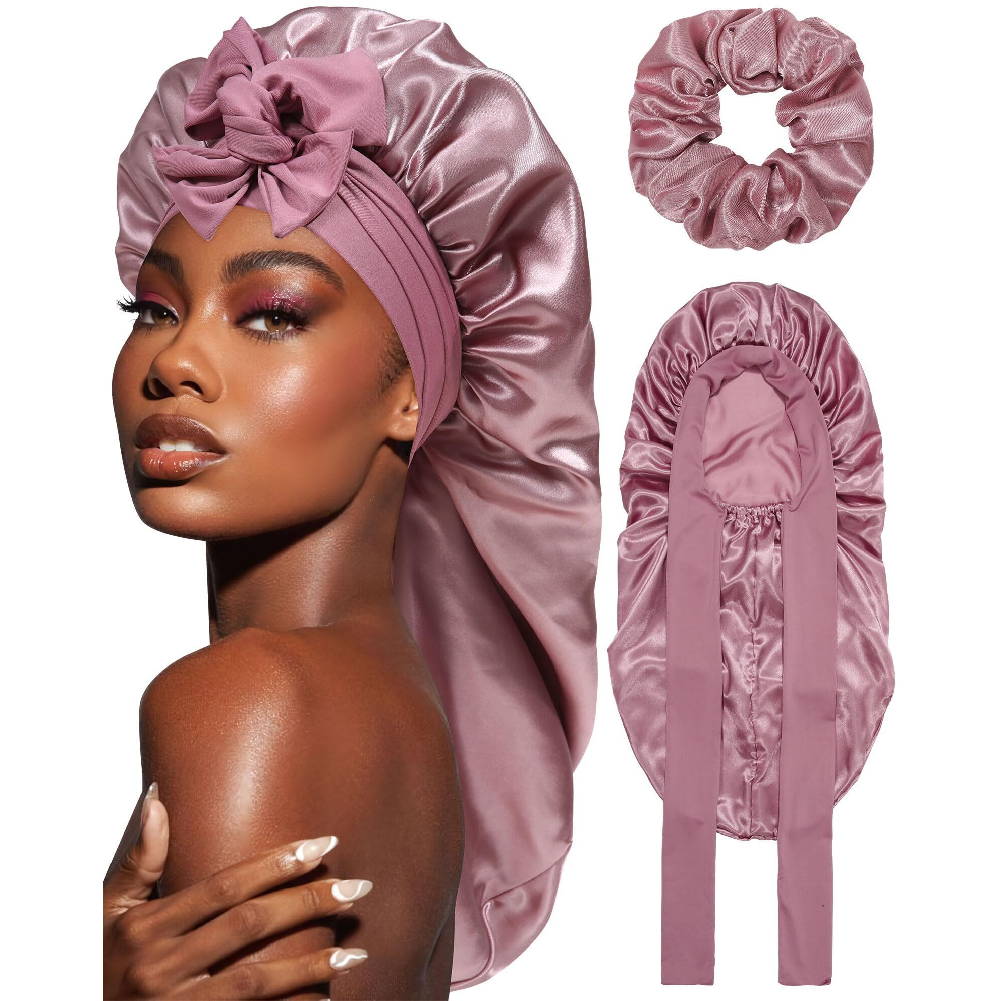 Long Satin Braid Bonnet For Women Silk Bonnet For Sleeping Sleep Cap With Elastic Tie Band Night Cap For Long Curly Hair Give Away Scrunchie(Bean Paste)