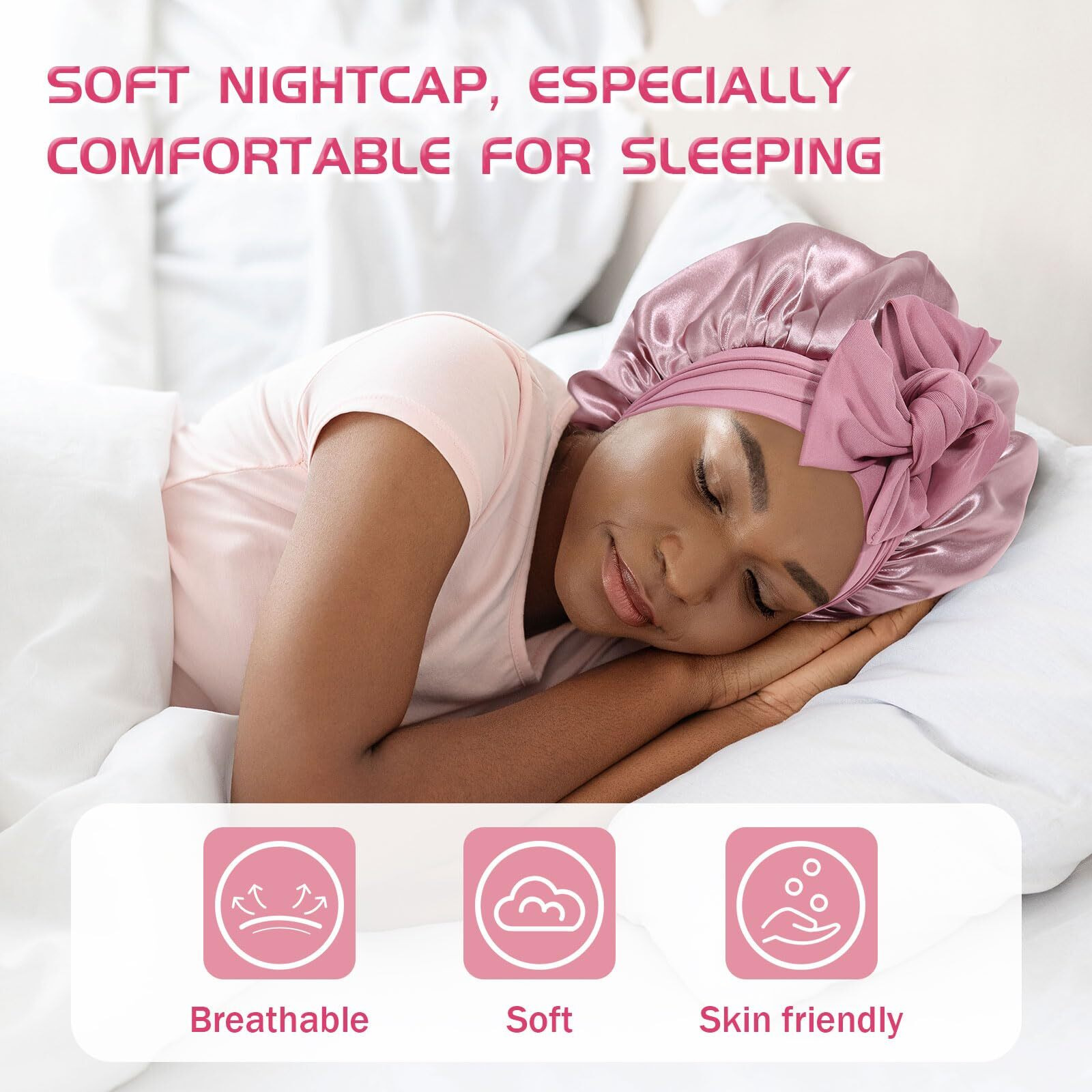 Long Satin Braid Bonnet For Women Silk Bonnet For Sleeping Sleep Cap With Elastic Tie Band Night Cap For Long Curly Hair Give Away Scrunchie(Bean Paste)