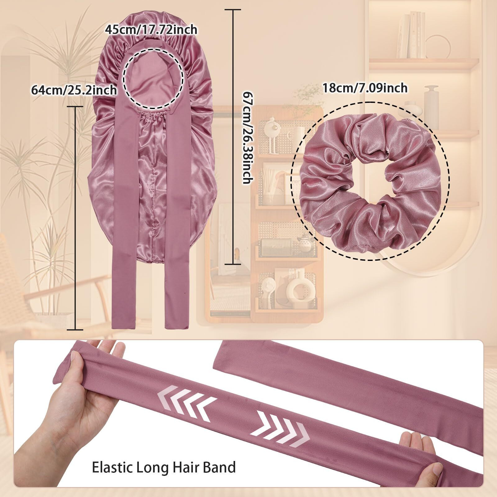 Long Satin Braid Bonnet For Women Silk Bonnet For Sleeping Sleep Cap With Elastic Tie Band Night Cap For Long Curly Hair Give Away Scrunchie(Bean Paste)