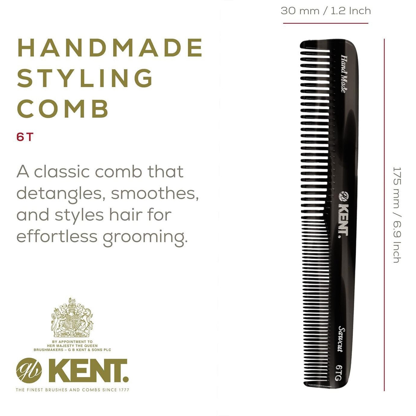 Kent 6T G Fine Tooth And Wide Tooth Hair Comb, Handmade Styling Comb For Hair Care, Barber Combs, Beard Combs For Men, Styling Grooming For Men, Women And Kids