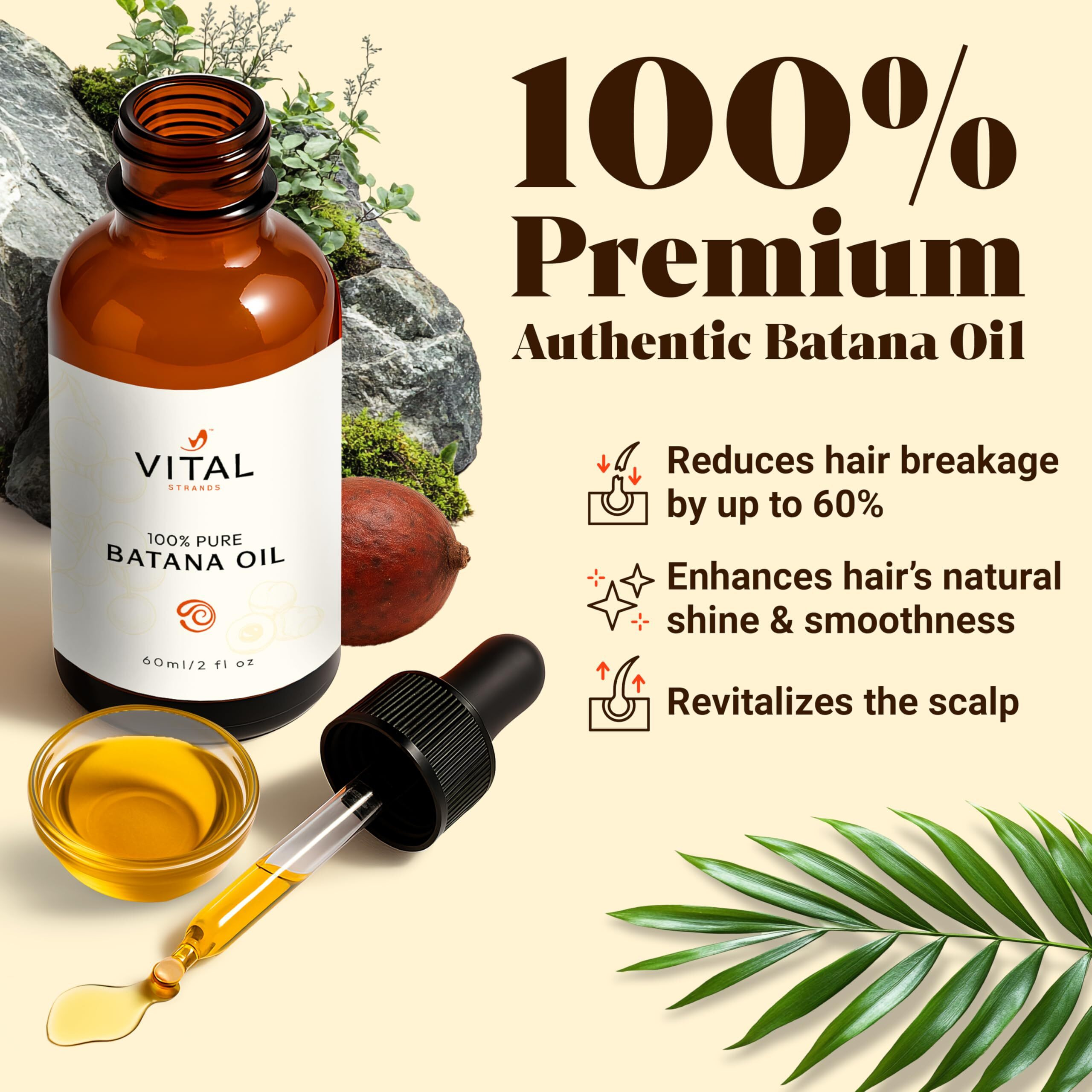 Vital Strands 100% Organic Batana Oil For Hair Growth - Strengthens Hair, Reduces Breakage, Enhances Shine - Raw And Pure, Non-Greasy - No Silicones, Sulfates, Or Parabens - All Hair Types - 60Ml