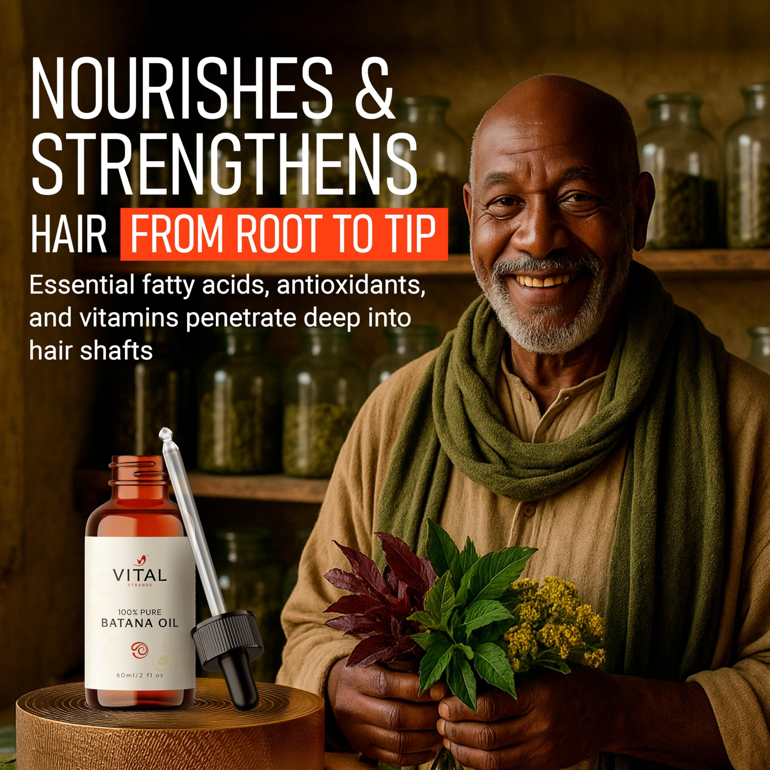 Vital Strands 100% Organic Batana Oil For Hair Growth - Strengthens Hair, Reduces Breakage, Enhances Shine - Raw And Pure, Non-Greasy - No Silicones, Sulfates, Or Parabens - All Hair Types - 60Ml
