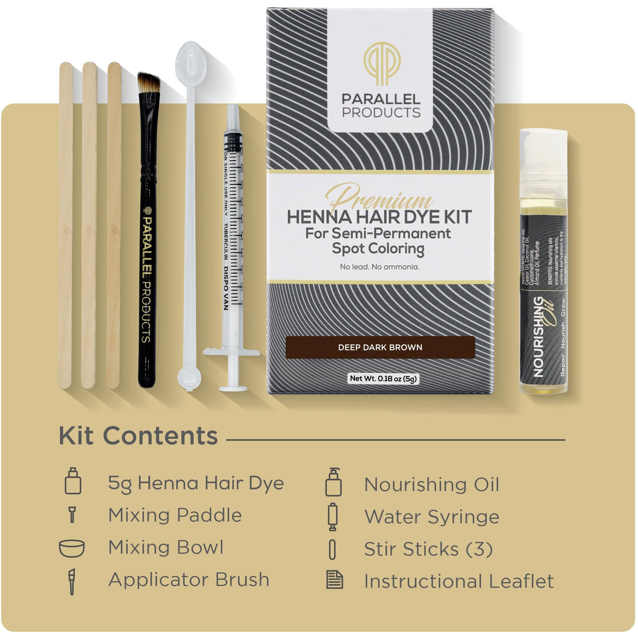 Parallel Products Spot Color Henna Kit - Henna Hair Dye - 5 Grams - Tint For Professional Spot Coloring - With Nourishing Oil, Mixing Dish And Application Brush - Root Touch Up (Deep Dark Brown)