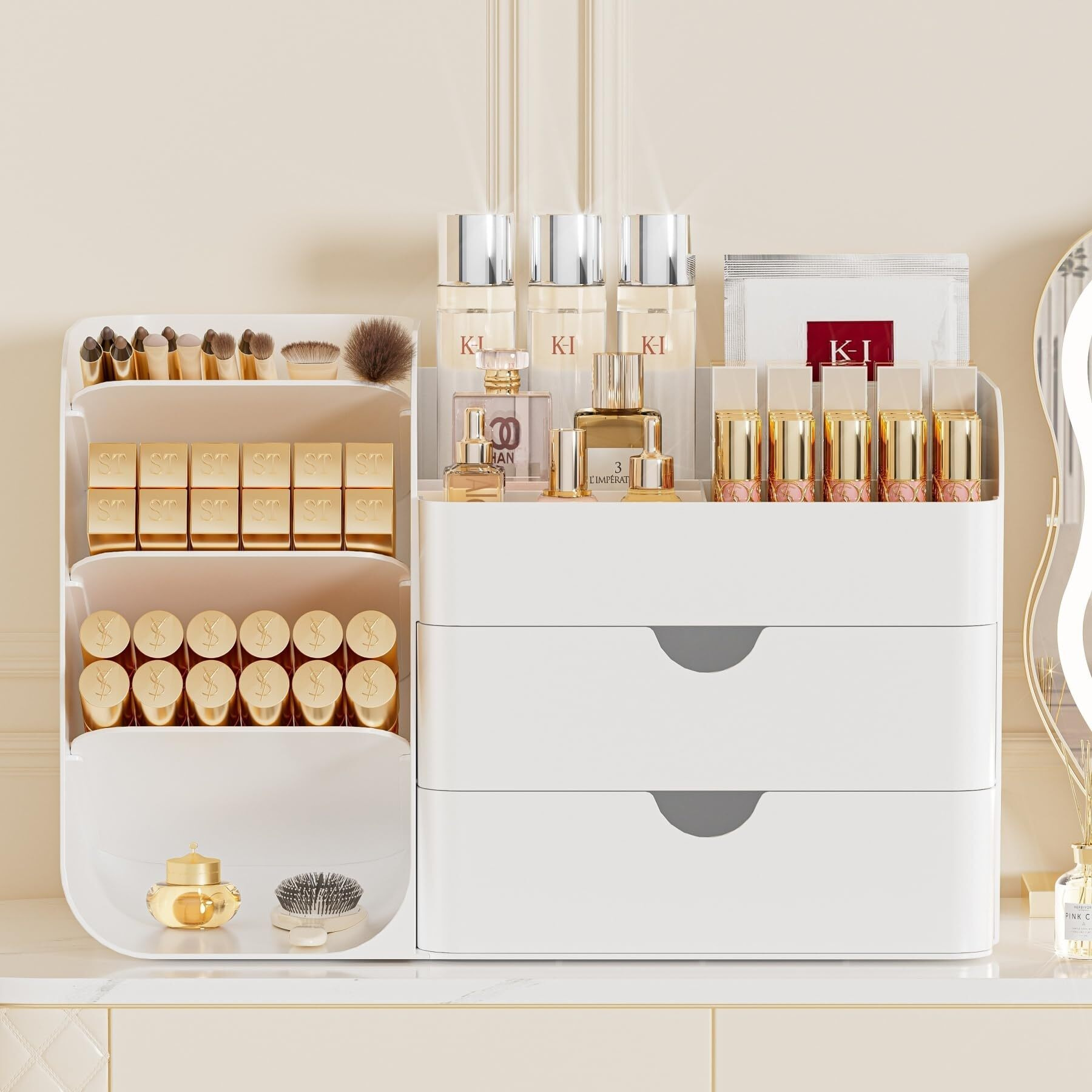 Kqjs Makeup Organizer With Drawers,Large Capacity Countertop Organizer For Vanity,Bathroom And Bedroom Desk Cosmetics Organizer,Easy To Storage Skincare,Brushes, Eyeshadow,Lipstick (All White, Large)