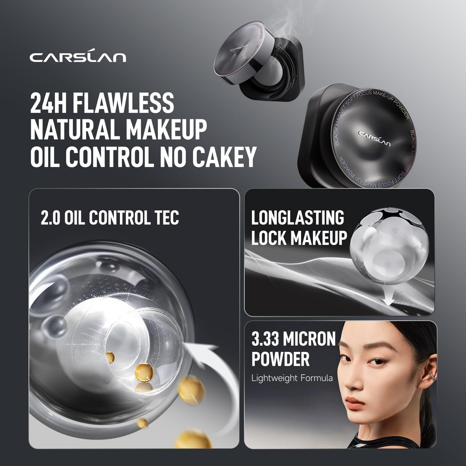 Carslan Black Magnet Soft Focus Make Up Powder, Waterproof Loose Setting Powder, 24H Longlasting, Oil Control, Talc-Free Face Powder, 01 Translucent For Dry&Com Skin, 0.28Oz