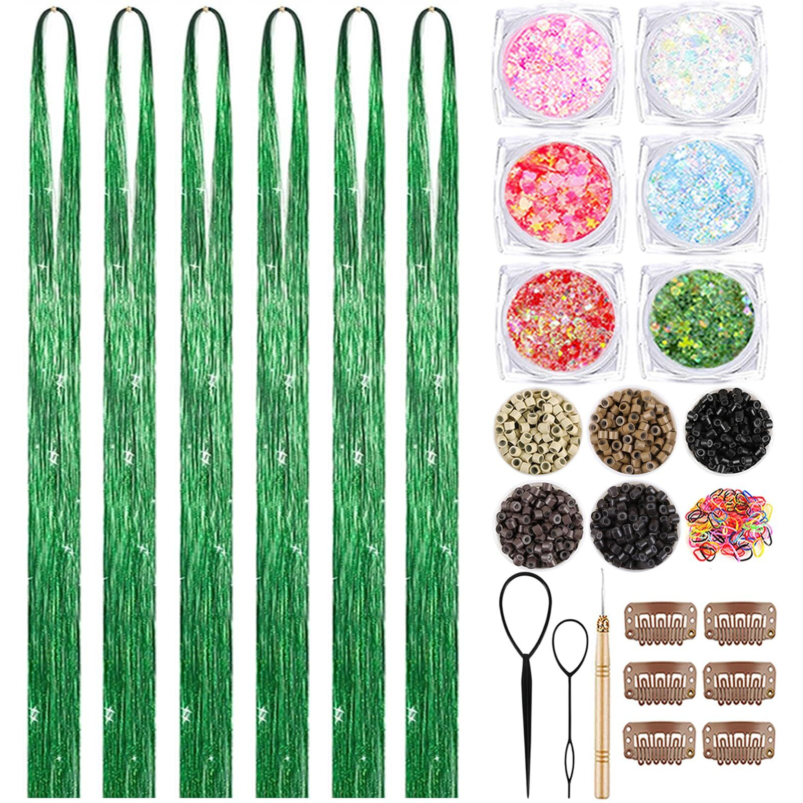 Green Hair Tinsel Kit With Body Glitter 48 Inch 3000 Strands Glitter Tinsel Hair Extensions With Tools Fairy Hair Accessories, Suitable For Festivals And Daily Use (Green Hair Tinsel Kit)