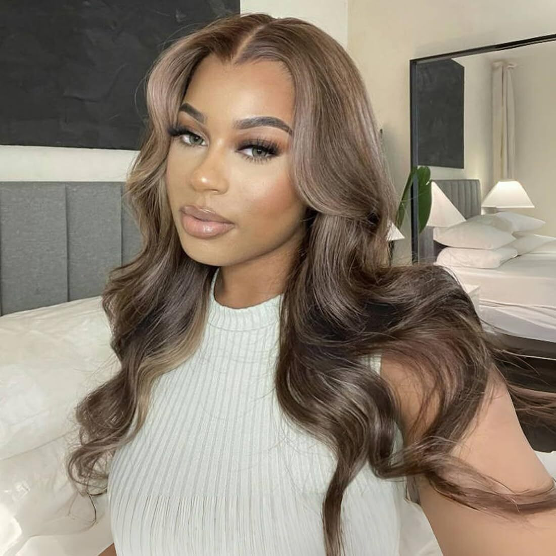 Orijodie Mocha Brown Blonde 13  4 Hd Lace Front Wig Human Hair 180% Density Body Wave Ash Brown Lace Wig Pre Plucked Real Ultra Full Brazilian Hair Milk Tea Colored Wig For Women 24Inch