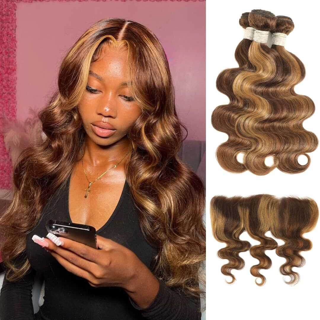 Alher Honey Blonde Highlight 3 Bundles With Frontal Body Wave, P4/27 Balayage 12A100% Virgin Remy Human Hair Bundles With 13X4 Ear To Ear Lace Frontal (12 14 16+12)