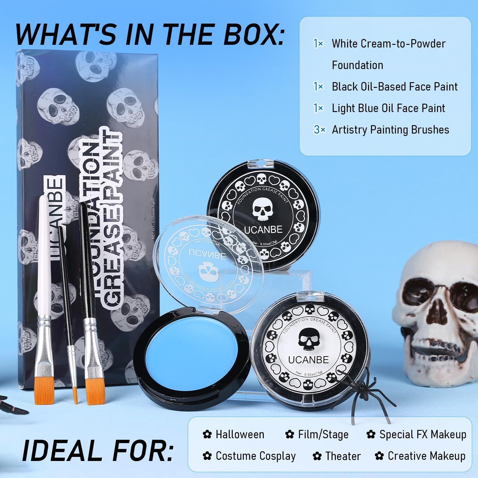 White Black & Light Blue Face Body Paint For Halloween Sally & Corpse Bride Makeup, Non-Toxic Face Painting Kit With Brushes For Kids Adults Smurf Avatar Mermaid & Demon Costume Cosplay Sfx Make Up