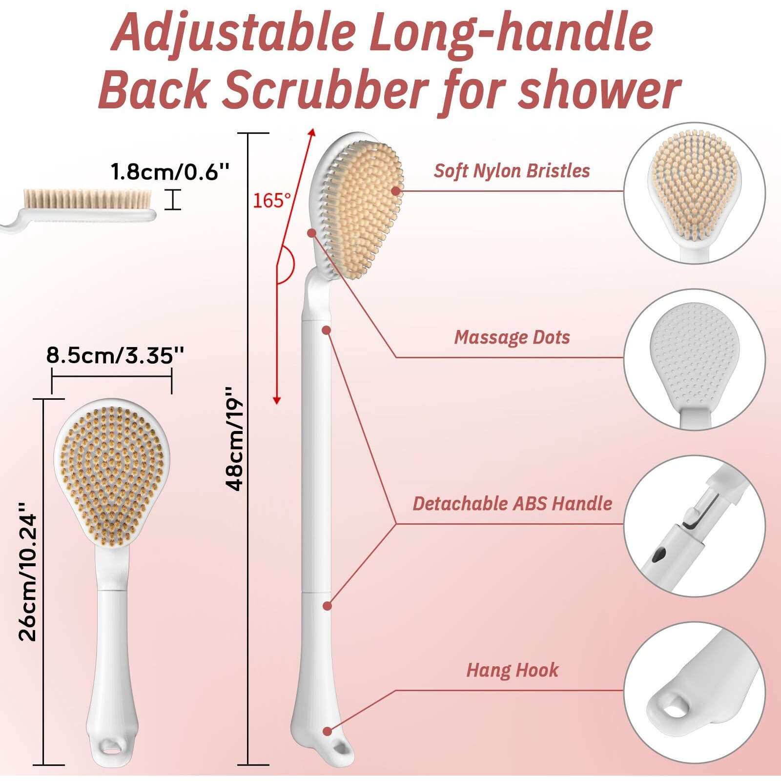 Geenoa Back Scrubber For Shower, 19 Detachable Long Handle Shower Body Scrubber For Wet Or Dry Brush, Adjustable 2-In-1 Back & Body Brush With Medium Soft Bristles For Deep Cleaning(White)