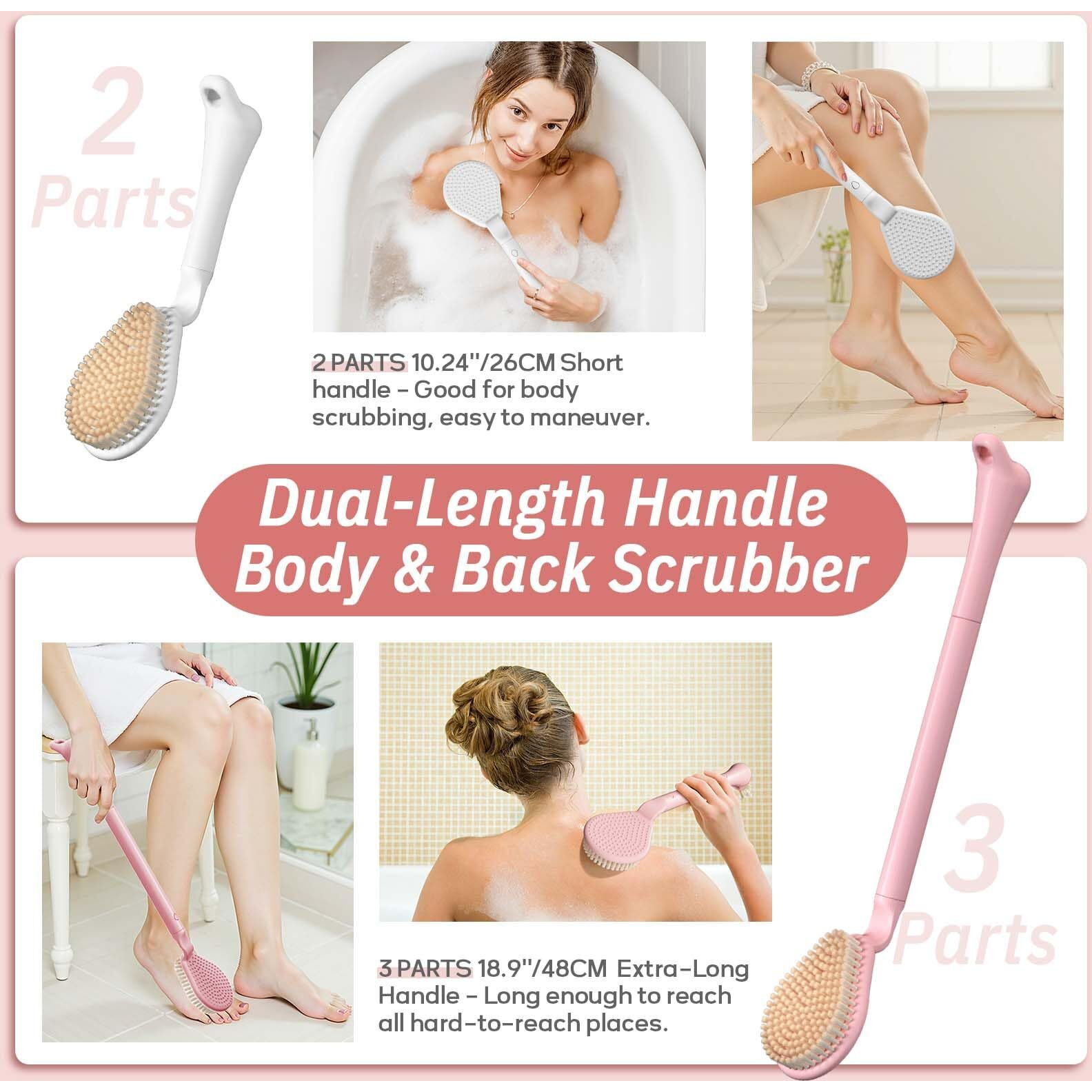 Geenoa Back Scrubber For Shower, 19 Detachable Long Handle Shower Body Scrubber For Wet Or Dry Brush, Adjustable 2-In-1 Back & Body Brush With Medium Soft Bristles For Deep Cleaning(White)