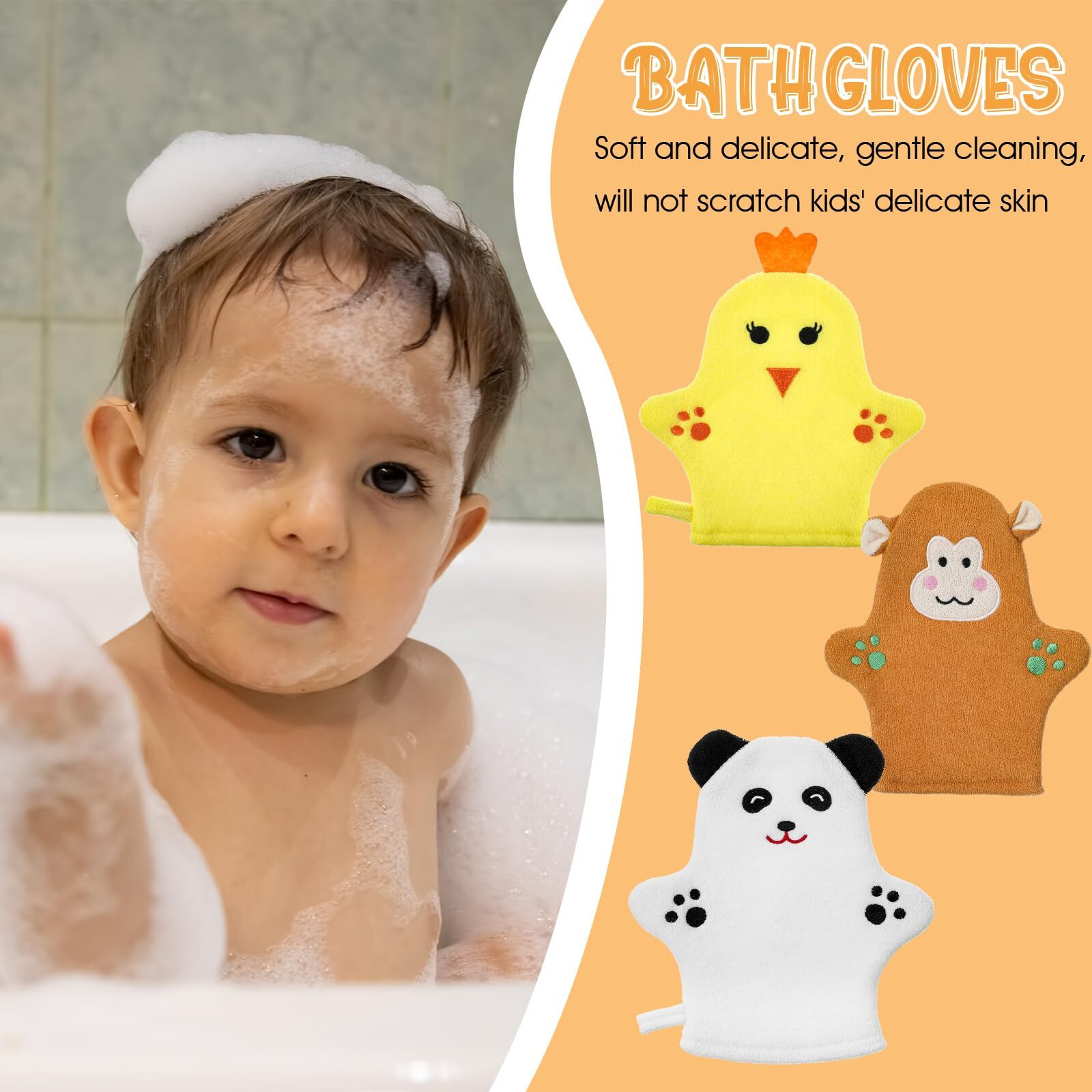 Qianyu 3Pcs Bath Mitt Washcloth Glove Exfoliating Glove Body Scrubber Cute Cartoon Design Exfoliating Glove Gentle Soft Scrub Loofah Bath Sponge For Kid Shower Washing Easy Lather (Yellow/White/Brown)