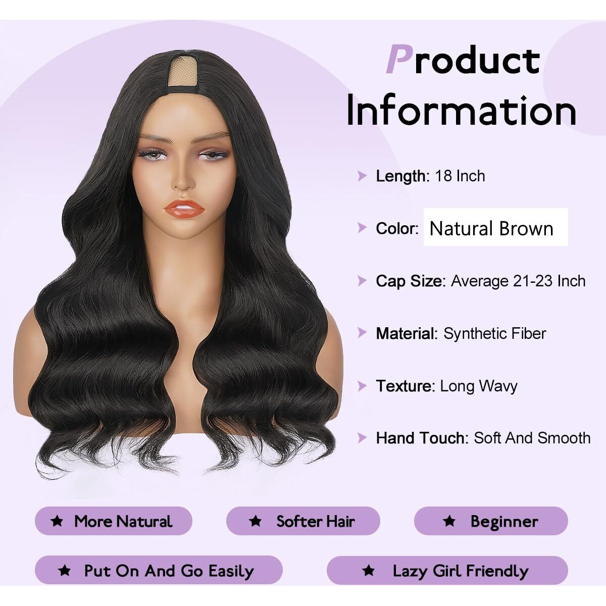 Emistar Wavy V Part Wig Wear And Go Glueless Upgrade U Part Wig Body Wave Natural Black Synthtic Hair Soft As Human Hair Half Wigs For Black Women 180% Density (Black, 18 Inch)