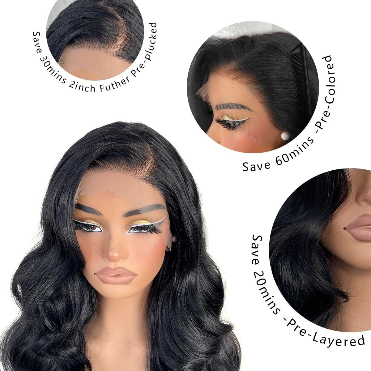 13X6 Hd Glueless Lace Frontal Wigs Pre-Plucked, 200 Density Natural Black Similar Human Hair Synthetic Long Body Wave Lace Front Wig Ready To Wear, 26Inch 1B