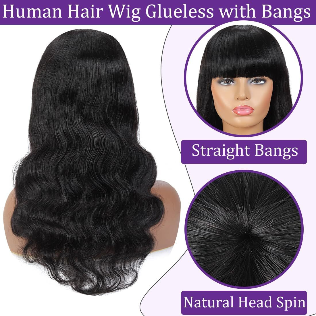 Body Wave Wigs With Bangs Human Hair For Black Women 20Inch None Lace Front Wigs 150% Density Brazilian Virgin Hair Glueless Human Hair With Bangs Natural Color Body With Bangs