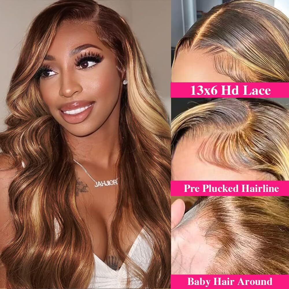 28 Inch Highlight 13X6 Body Wave Hd Transparent Lace Front Wigs Human Hair 4/27 Honey Blonde Body Wave Lace Frontal Wig For Women 250% Density Glueless Ombre Wig Pre Plucked With Baby Hair