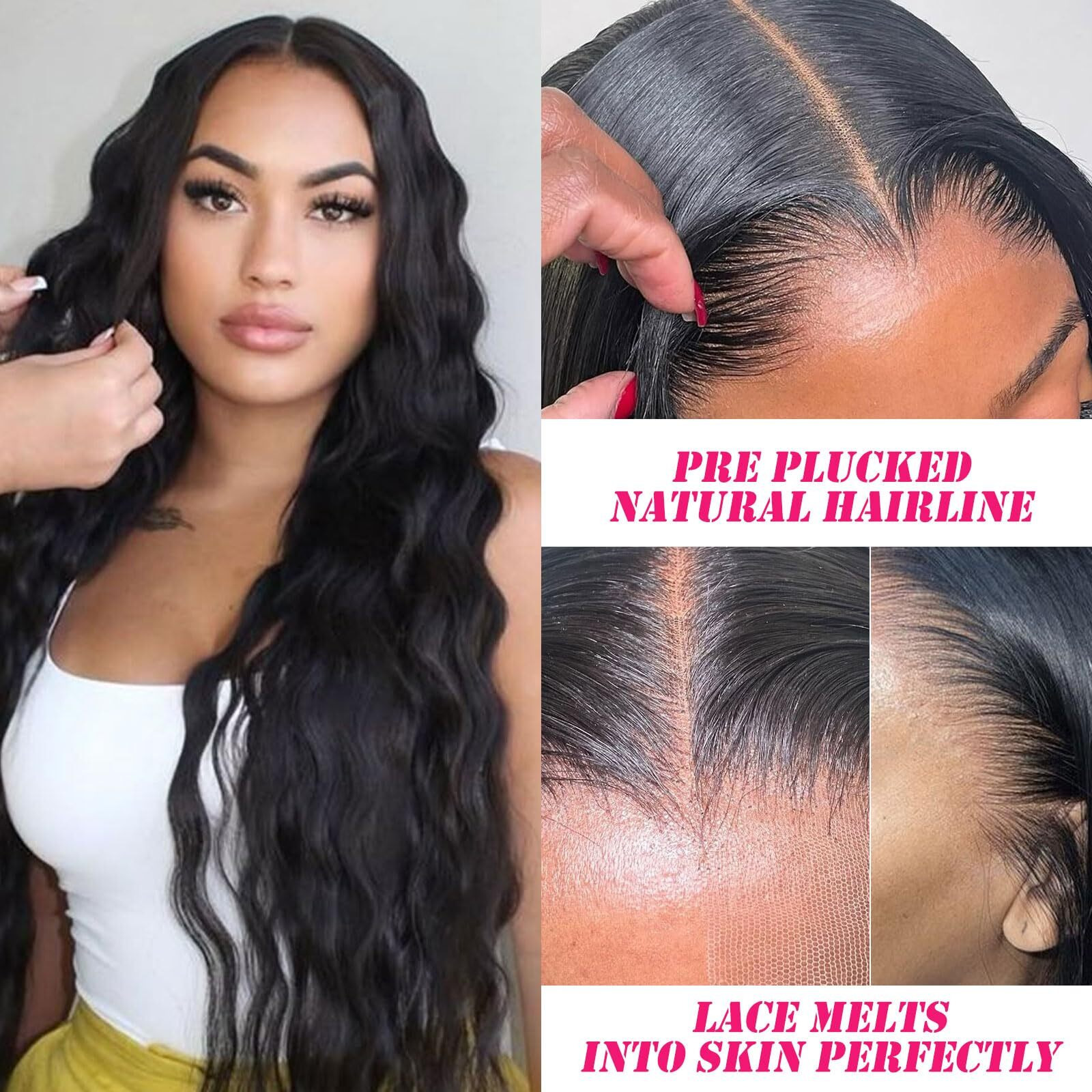 Manemajesty 34 Inch Body Wave Lace Front Wigs Human Hair Wear And Go Glueless Wigs Human Hair Pre Plucked Pre Cut T Part Hd Lace Front Wig 180% Density Natural Layered Wig