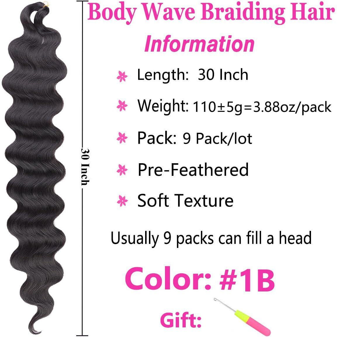 Cookoo 9 Packs Body Wave Braiding Hair 30 Inch Natural Black Pre-Feathered Bouncy Braiding Hair French Curls Wavy Crochet Braids Hair Synthetic Hair Extensions For Goddess Boho Box Braids(1B)