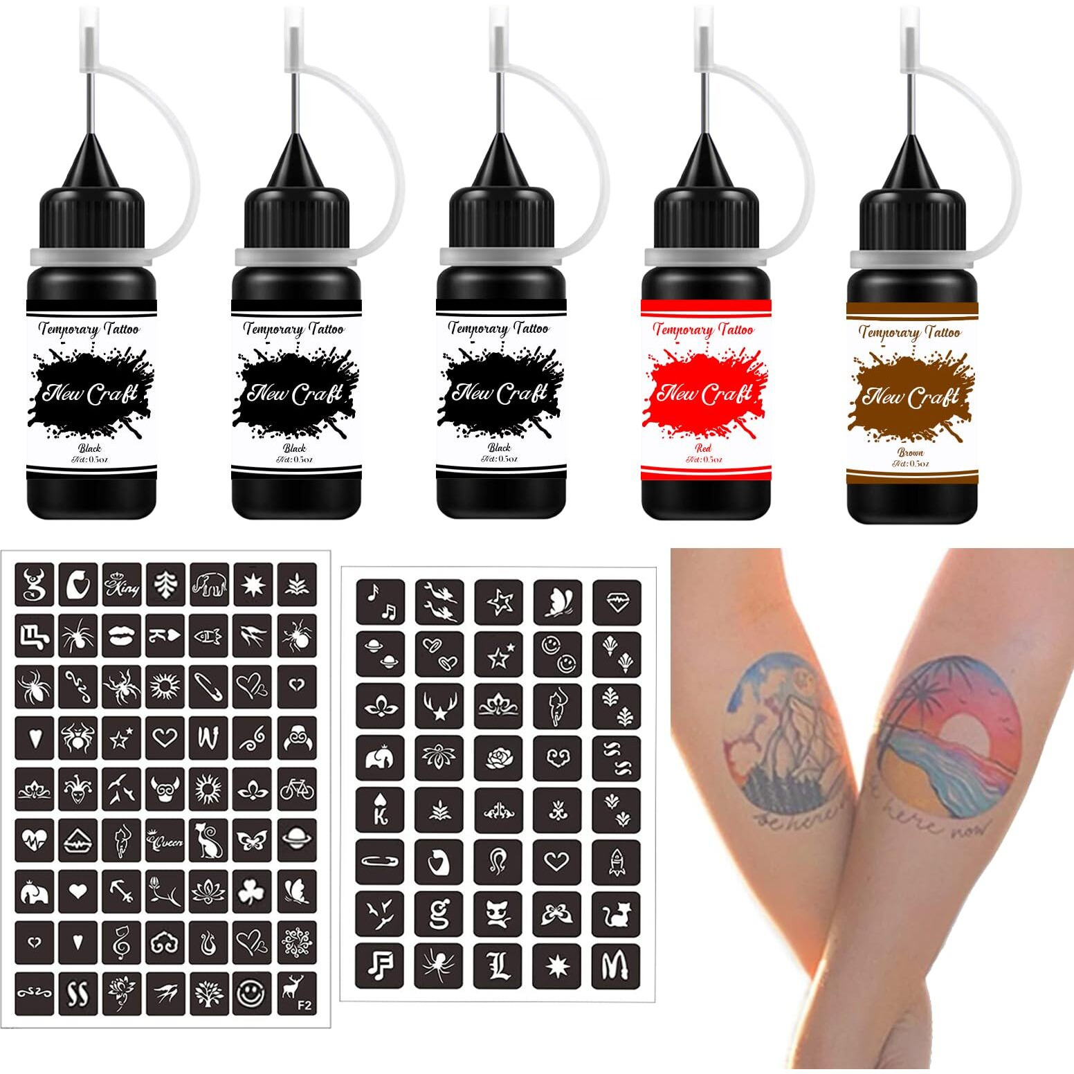 Temporary Tattoos Kit, Semi Permanent Tattoo, 3 Colors Diy Tattoos, Full Kit 64 Pcs Adhesive Stencil For Women Kids Men Body Markers - 5 Bottles (Black/Red/Brown)