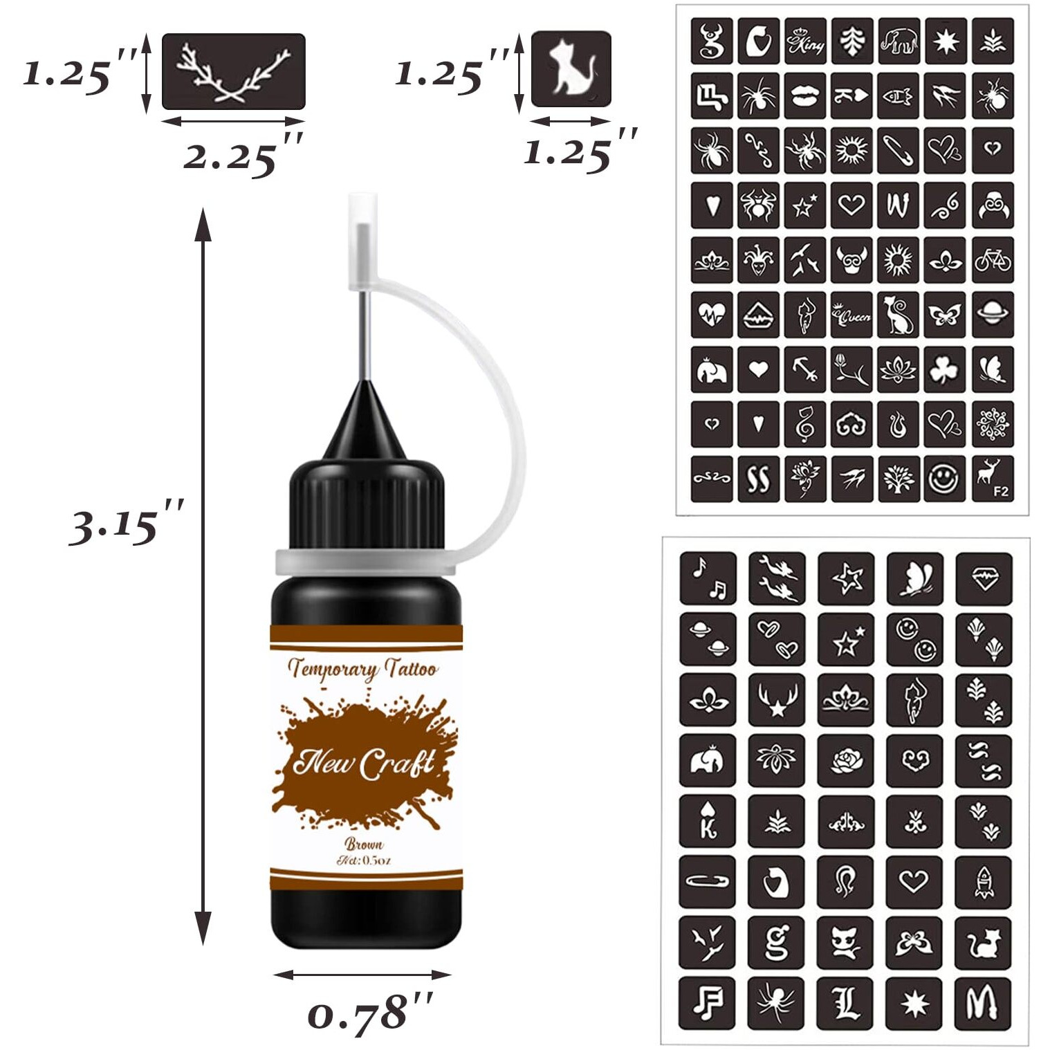 Temporary Tattoos Kit, Semi Permanent Tattoo, 3 Colors Diy Tattoos, Full Kit 64 Pcs Adhesive Stencil For Women Kids Men Body Markers - 5 Bottles (Black/Red/Brown)