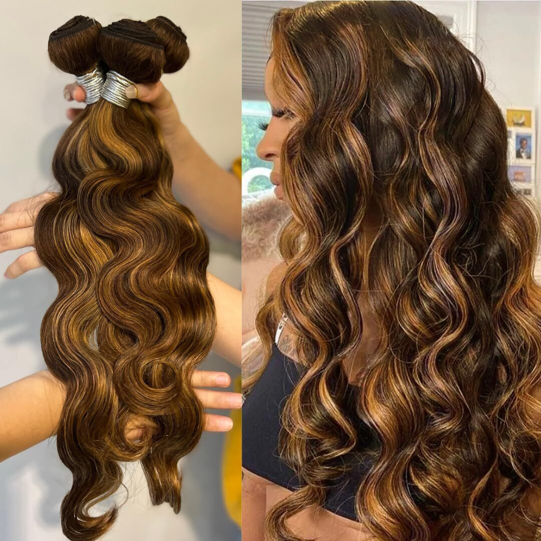 Alher True 4/27 Body Wave Honey Blonde Highlight Ombre Colored 3 Human Hair Bundles 18 20 22 Inch 12A 100% Brazilian Virgin Remy Human Hair Soft Thick Wavy Sew In Weave Highlight Piano Color