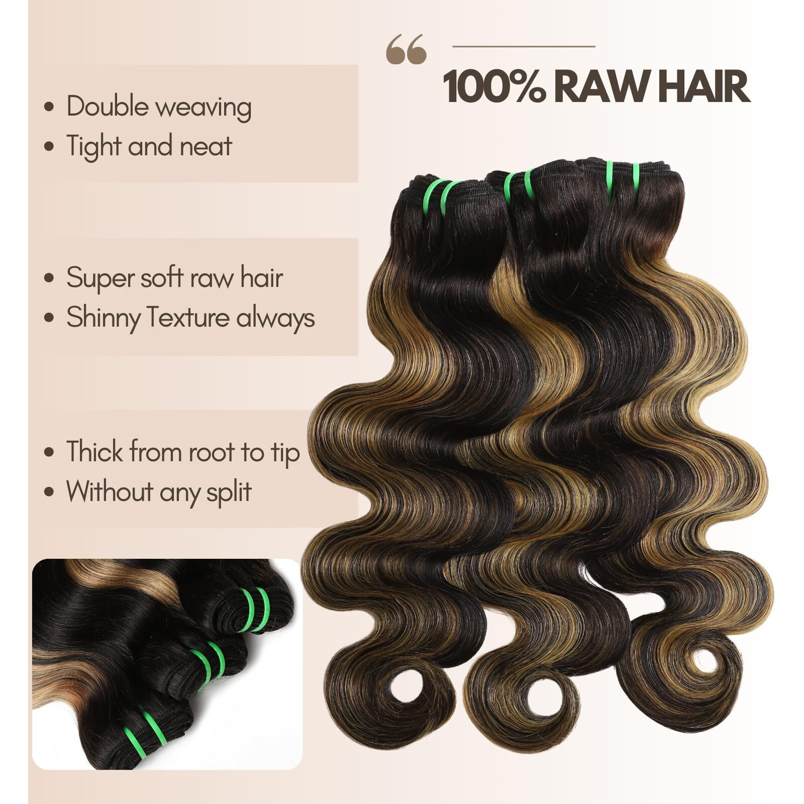 Hermous 13A Double Drawn Honey Blonde Highlight Fb27 Bundles Body Wave Human Hair, Black With Honey Brown Highlight Human Hair 3 Bundles Unprocessed Remy Hair F1B/27 Ombre Hair Extension 14 16 18 Inch