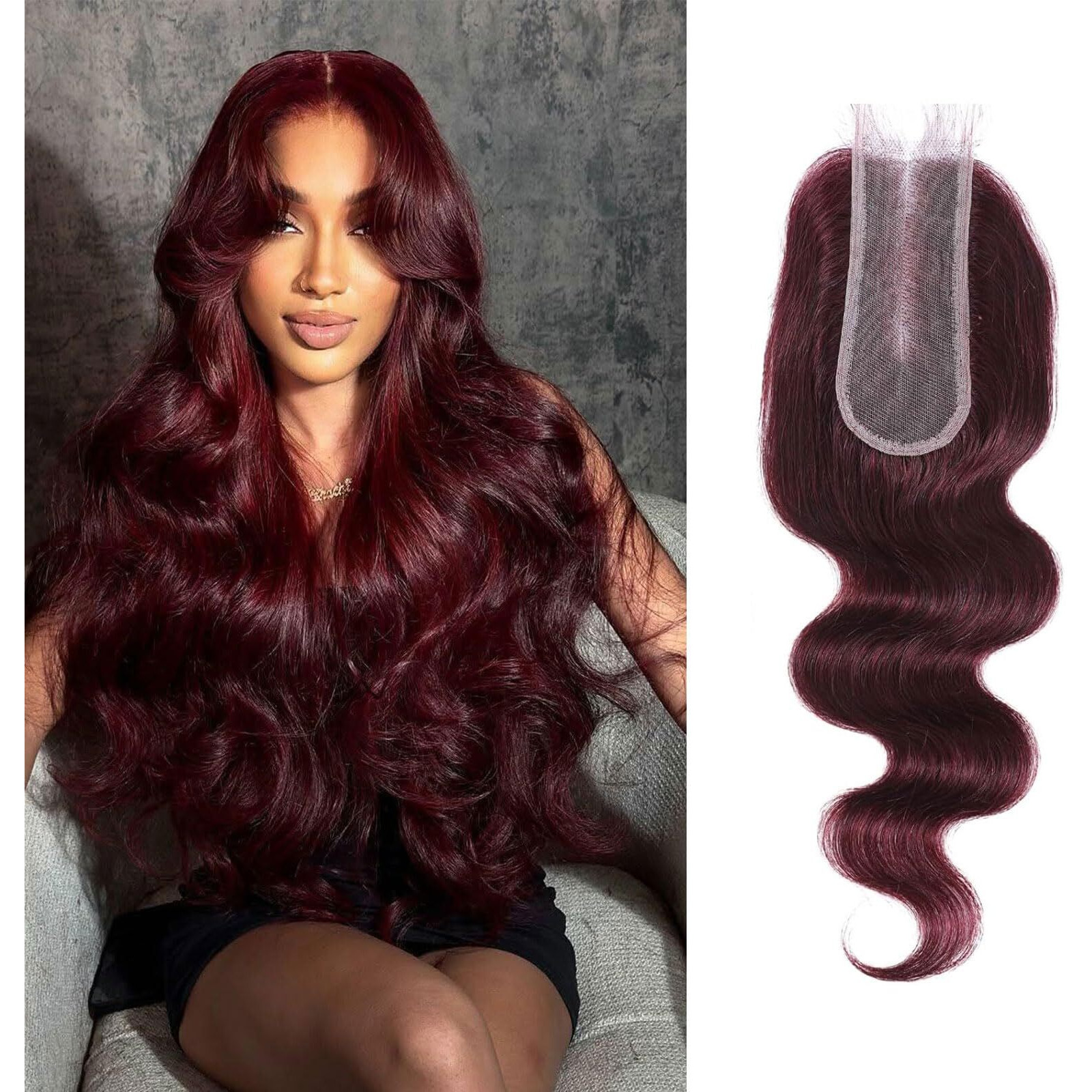 Dsekcain 2X6 Hd Lace Closure Human Hair Body Wave 99J Burgundy Dark Red Wine Color Transparent Lace Closure 2X6 Long Deep Middle Part 100% Raw Virgin Human Hair 18 Inch 150% Density