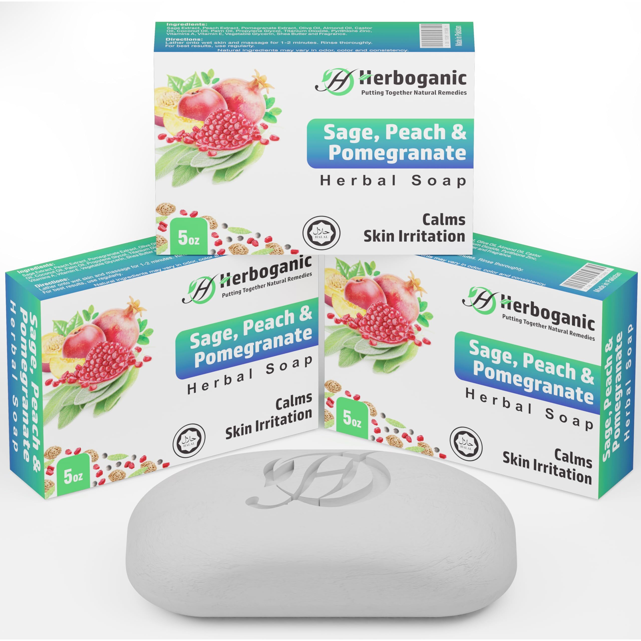 Herboganic Sage, Peach And Pomegranate Herbal Soap | Pack Of 3 Of 5Oz Soap Bar | Natural Bar Soap For Face And Body | Hydrating And Nourishing | Suitable For Men And Women