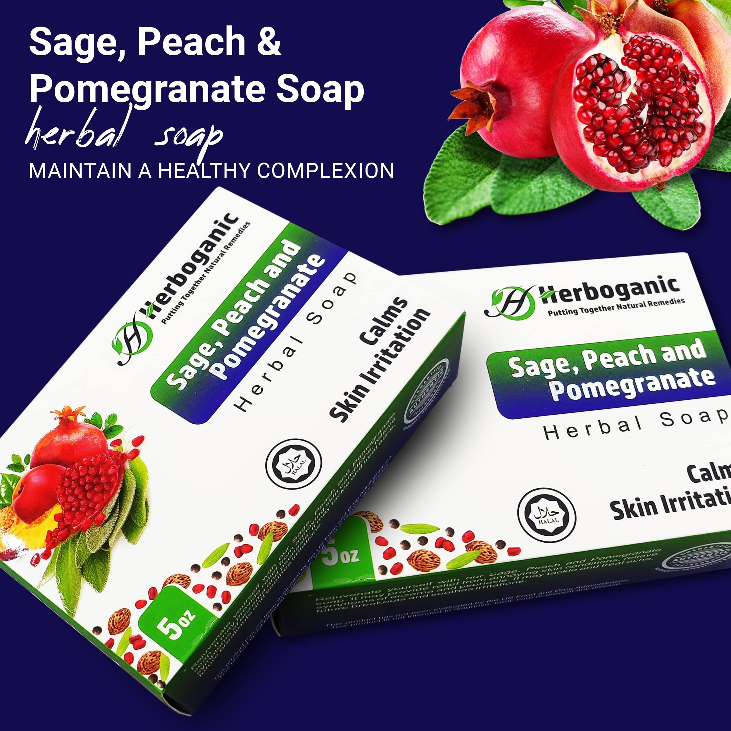 Herboganic Sage, Peach And Pomegranate Herbal Soap | Pack Of 3 Of 5Oz Soap Bar | Natural Bar Soap For Face And Body | Hydrating And Nourishing | Suitable For Men And Women