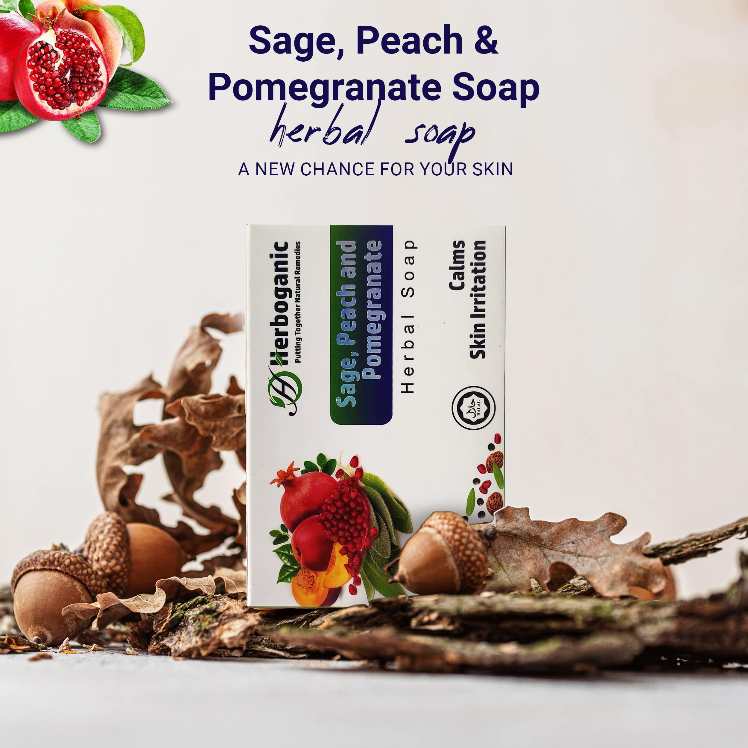 Herboganic Sage, Peach And Pomegranate Herbal Soap | Pack Of 3 Of 5Oz Soap Bar | Natural Bar Soap For Face And Body | Hydrating And Nourishing | Suitable For Men And Women